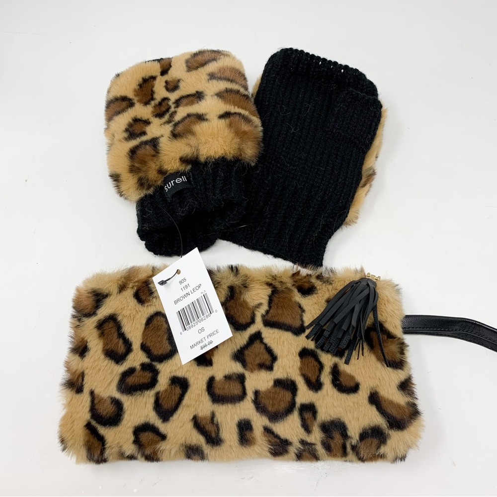NWT $95 Surell Leopard 2-Piece Faux Fur Fingerless Text Mittens & Phone Wristlet